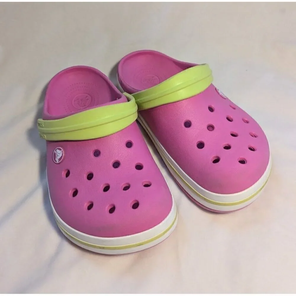 Crocs Classic Clog Kids Slip-On Sandals Pink & Lime Green Girls Size 3